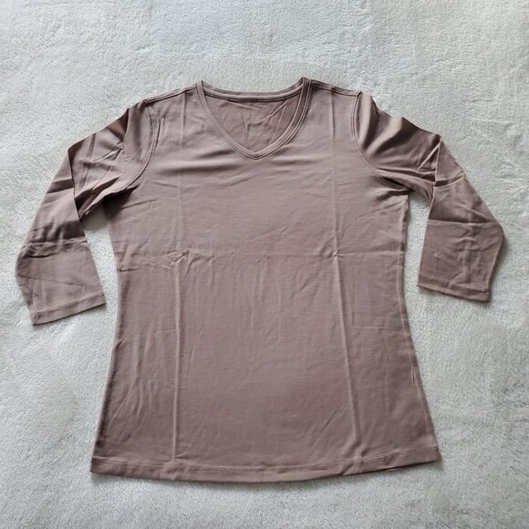 Woolx Elena V Neck 3/4 Sleeve Wool Blend Top Mocha Meringue Small - Picture 3 of 12